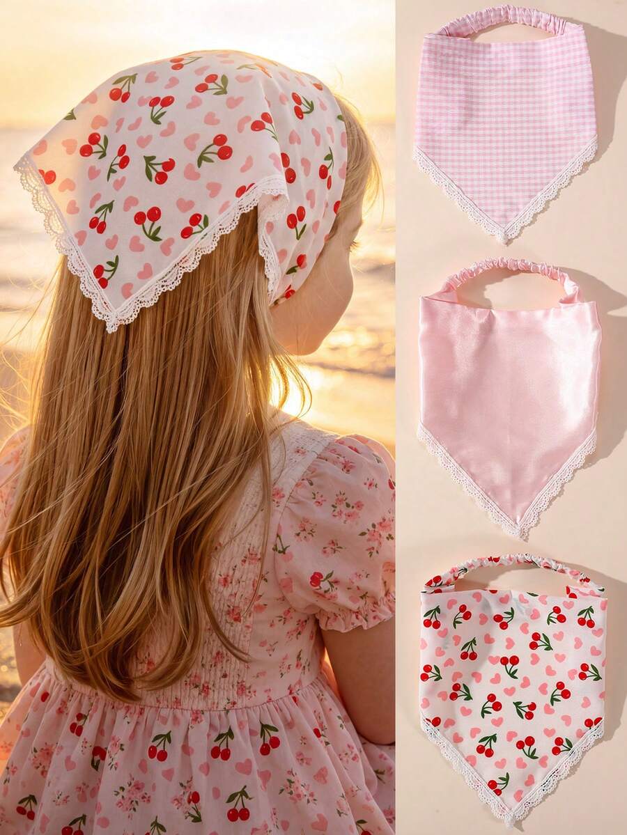 3pcs/Set Girls Floral Triangle Headscarf Lace Trim Elastic Headband For Daily Decoration - Pink - View 1