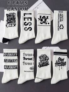 3/6/12 Pairs Random Assorted Unisex American Graffiti English Stripe Letter Design Skin-Friendly Durable Comfortable Breathable Mid-Calf Socks For Home, Commute, Daily Wear And Gifting - Black and White - View 12