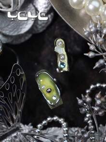 10pcs Square Wearable Nails, Amber, Nude, Ginger Cat Eye, Metallic Silver Element Colorful Rhinestone Decor, Gothic Style Full Coverage Acrylic Handmade Wearable Nail Set, Modern Nail Art Supplies, Suitable For Women And Girls, Applicable For Music Day, Daily, Party Nail Art - Ginger - View 7