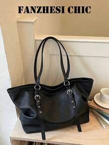 Minimalist Tote Bag With Lychee Textured PU Fabric, Metal Ring Buckle, Adjustable Long Handle, Open Top, Loose Soft Body, Large Capacity, Practical And Versatile, For Women, Campus, Commute, Daily Outings, Handbag, Shoulder Bag - Black - View 1