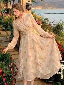 Elegant French Style Gold Foil Floral Print V-Neck Long Sleeve Ruffle Hem Wrap Midi Dress For Fall Wedding Guest & Evening Party - Multicolor - View 4