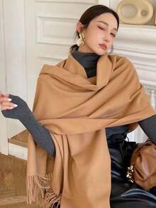 Women's White Tassel Scarf, Thick Warm Shawl, Solid Color Design, Multi-Functional Neck Warmer, Suitable For Cold Weather And Daily Wear, Autumn/Winter Style - Christmas And New Year Gift, Casual Decorative Accessory - Multicolor - View 3