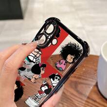 Funda de teléfono de lujo europea y americana, semitransparente, con diseño de dibujos animados, elegante, con lazo, estilo Mafalda, adecuada para iPhone 16, 16e, 15, 14, 13, 12 Mini, 11 Pro Max, X, XR, XS Max, 8, 7 Plus, con marco negro, cubierta trasera transparente anticaída, diseño premium. - Color 1 - Ver 4