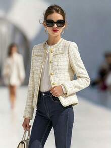 Women's Elegant Tweed Short Jacket, Gold Trim Embellished Gold Button Round Neck Commuter Outerwear - White - View 3
