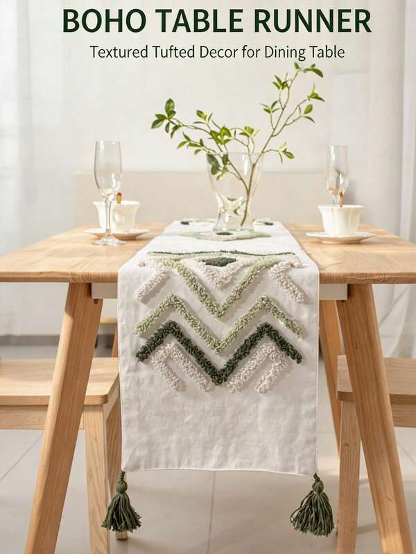 1pc Boho Tufted Table Runner, Geometric Pattern Table Flag With Tassels, Cotton Linen Textured Decor Table Linen For Dining Table Coffee Table Home Party Decoration