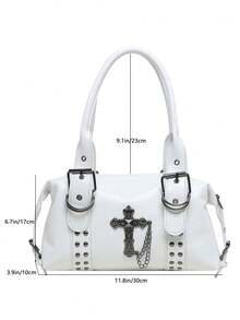 Shoulder Bag With Rivet Decoration, Detachable Strap And Zipper Closure, Cool Style Underarm Bag, Women's Bag, Unique Niche Design For Daily Outings, Dates, Commuting And Casual Crossbody Wear - White - View 2