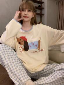 2pcs/Set Women's Pajamas Loungewear Set, Pullover Round Neck Cute Animal Print Minimalist Long Sleeve Cropped Pants, Comfortable For Home Wear - Yellow - View 2