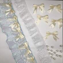 Black Elastic Double Layer Ruched Lace Trim, Elastic Lace Ruffle, Suitable For Sewing DIY Handmade Clothing Fringe, Race Ribbon, Coming Of Age Hair Ornament - 1 Yard Lace + 5 Pcs Oversized Bows - View 7