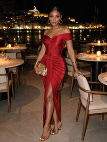 NEW IDEA Women Sexy Elegant Red Fall Maxi Dress, Open Shoulder High Slit Bodycon Party Gown For Night Out, Cocktail, Dating, Dinner & Wedding Guest - Red - View 1