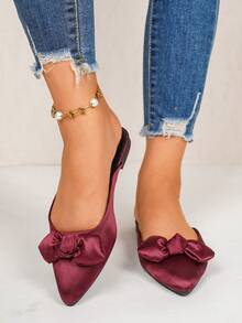 Spring Summer Autumn New Burgundy Satin Bow Mule Slippers Pointed Toe Closed Toe Flat Half-Slippers Commute Date Gentle Wear Office Party Banquet Women's Shoes - Burgundy - View 2