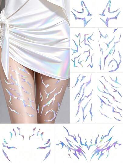 8 Fogli di Tatuaggi Temporanei Olografici K-Pop di Ognissanti, Adesivi Impermeabili Y2K per Corpo e Viso, Trucco per Festival Musicali, Bomboniere per Feste, Accessori per Cosplay e Costumi
