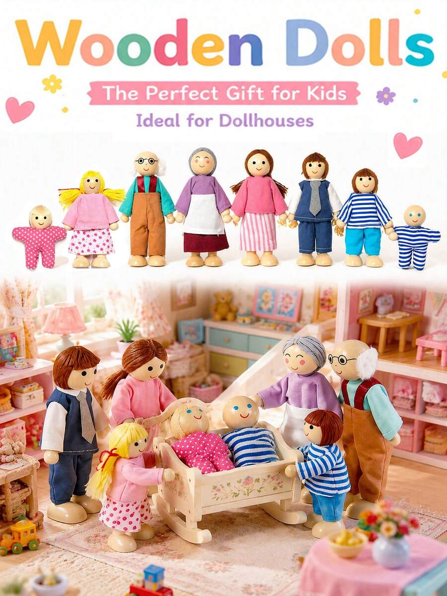 8Pcs Multi-Generation Wooden Family Doll Set, Dollhouse Miniature People Figurines, Kids Pretend Play Toy Tabletop Decor Birthday Gift