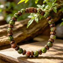 Natural Dragon Blood Stone Wooden Bead Wealth Bracelet, Handmade Elastic Bracelet, Prosperity And Good Fortune, Comfortable Elastic Bracelet For Men And Women, Fashionable Jewelry For Daily Wear, Ideal Gift For Office, Party, Birthday, Anniversary, Valentine's Day, Father's Day And All Special Occasions - Multicolor - View 6
