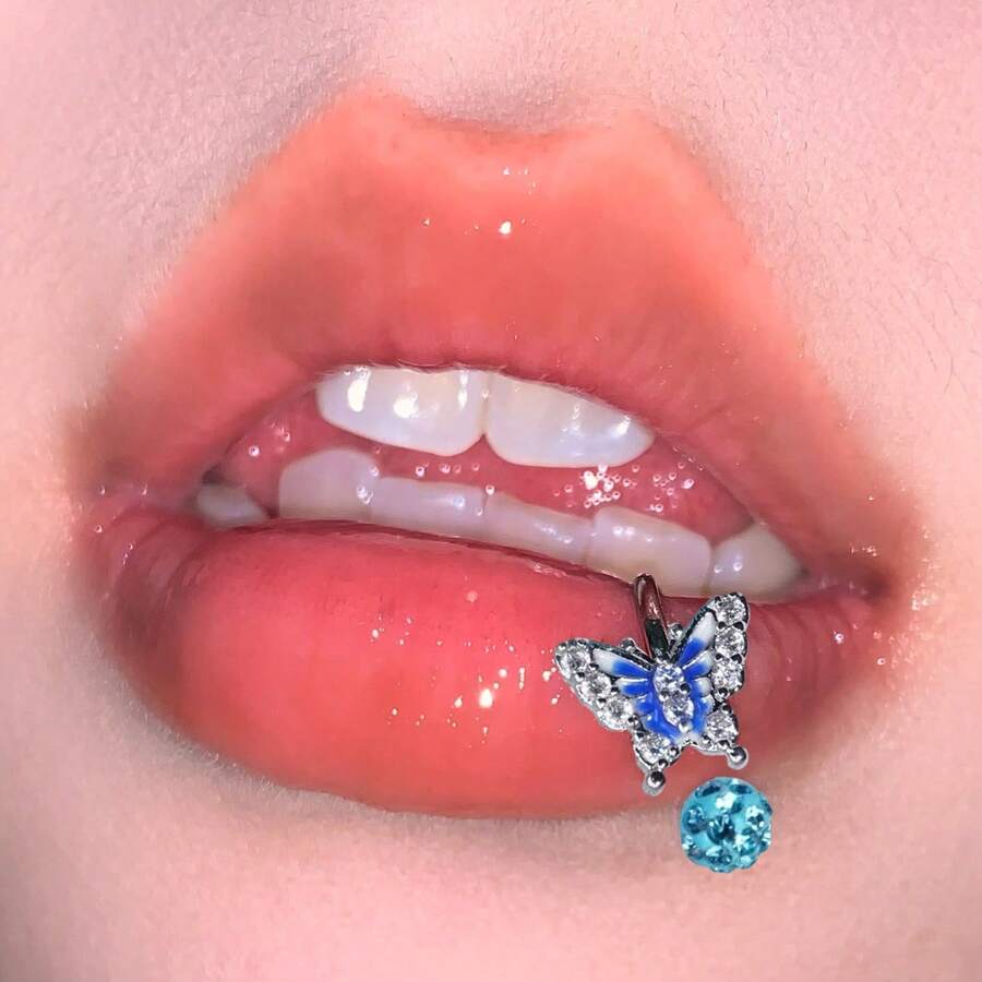 1pc Stainless Steel C-Ring Blue Butterfly Lip Ring Oil-Drip Rhinestone Shamballa Horseshoe Cartilage Piercing Jewelry Suitable For Daily Wear - Butterfly - View 1