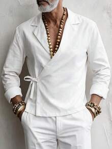 GOLDREDY Minimalist Solid Color Men's Relaxed Japanese Style Wrap Shirt, Linen Texture Loose Slouchy Tie Neck Long Sleeve Top - White - View 1
