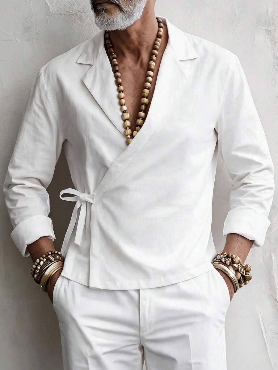 GOLDREDY Minimalist Solid Color Men's Relaxed Japanese Style Wrap Shirt, Linen Texture Loose Slouchy Tie Neck Long Sleeve Top - White - View 1