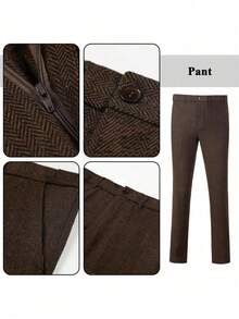 3pcs/Set Boys Herringbone Twill Suit Jacket, Vest, Pants, Suitable For Wedding, Birthday, School, Stage And Other Formal Occasions, Dark Brown, 6-16 Years Old - Brown - View 10