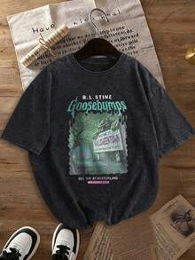 Plus Size Women's Horror Park Halloween Print Crew Neck Short Sleeve Casual T-Shirt, Spring Summer Autumn Everyday Top - Black - View 5