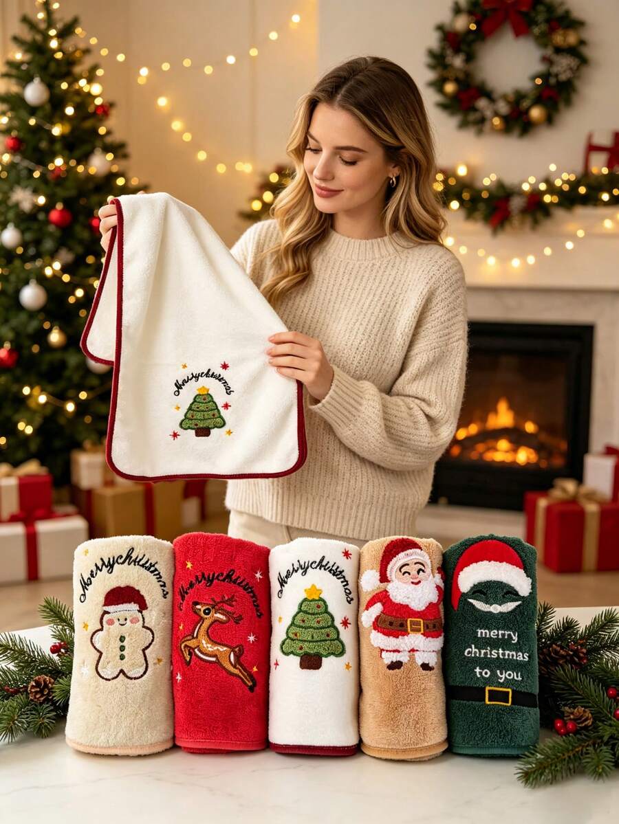 5/2/1pc 13.8*29.5 Inch Hanging Coral Fleece Towel, Christmas Gift, Embroidered Reindeer Tree Pattern, Super Soft Absorbent Quick Dry Face Towel, Hair Wrap, Shower, Makeup Removal, Christmas Bathroom Home Decor - Multicolor - View 1