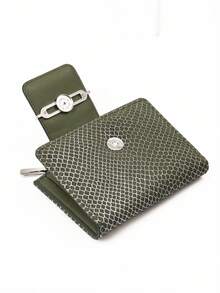 Women's Short Colorblock Patchwork Wallet, Fashionable Fabric Texture Straw Woven Bag Multifunctional Document Organizer, Exquisite Fashion Clasp Large Capacity Zipper Card Holder Coin Purse For Young Students, Lightweight And Convenient To Carry, Suitable As Holiday Gift - Olive Green - View 2