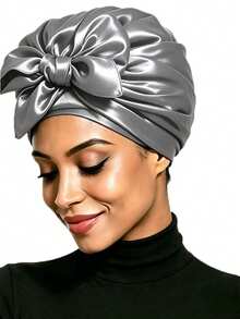 1 Set Women's Hooded Solid Color Satin Square Hijab Headscarf - Grey Seam Closed-top Hat - View 2