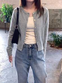 Autumn/Winter New Korean Style Casual Knit Cardigan, Sweet Grey Round Neck Open Front Soft Cropped Fitted Button-Up Solid Color Outerwear - Grey - View 1