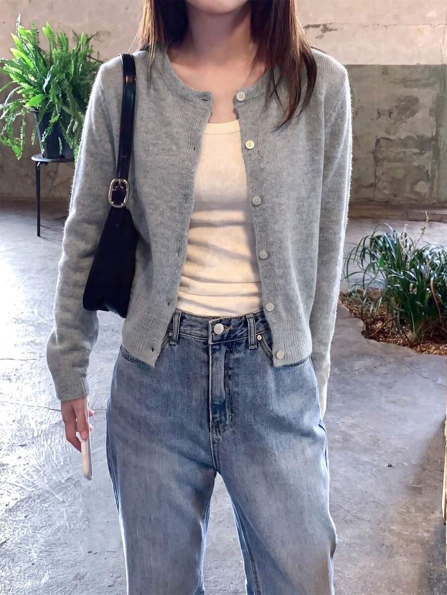 Autumn/Winter New Korean Style Casual Knit Cardigan, Sweet Grey Round Neck Open Front Soft Cropped Fitted Button-Up Solid Color Outerwear - Grey - View 1