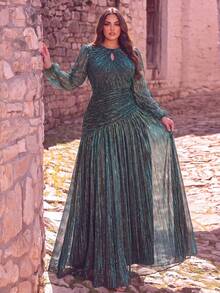 Gaun Formal Panjang Berkilau Elegan Ukuran Plus, Lengan Panjang, Leher Bulat, Hem Mengembang, Cocok untuk Malam yang Menawan dan Acara Spesial - Dark Green - View 4