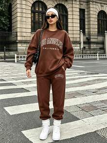 New European And American Style Los Angeles Letter Print Dark Blue Women's Sweatshirt Set, Suitable For Autumn And Winter - Brown - View 2