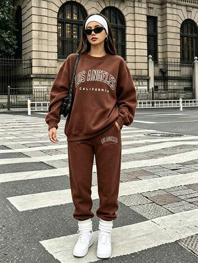 New European And American Style Los Angeles Letter Print Dark Blue Women's Sweatshirt Set, Suitable For Autumn And Winter