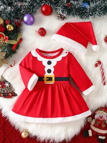 Set Gaun Lengan Panjang dan Topi Motif Kartun Santa Claus Lucu untuk Bayi Perempuan, 2 Potong, Musim Semi/Musim Gugur - Merah - View 2