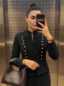 Women's Black Stand Collar Cropped Jacket, Double-Breasted Knit Contrast Design, Slimming Waist, Sexy Style - Black - View 6