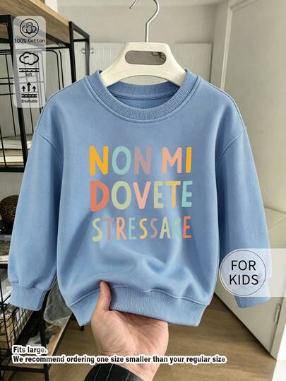 كنزة رياضية للأطفال بياقة دائرية، طباعة حروف متعددة الألوان "Non Mi Dovete Stressare" من القطن الخالص، ملابس علوية ثقيل علوي ناعم وكاجوال بأكمام طويلة