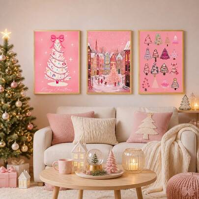 1/3pcs Pink Christmas Canvas Wall Art Set Cute Christmas Tree Snow Village Poster Xmas Girls Room Bedroom Living Room Decor Holiday Painting Merry Christmas Picture Unframed Home Decoration Winter Gift