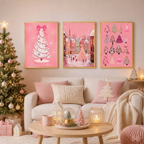 1/3pcs Pink Christmas Canvas Wall Art Set Cute Christmas Tree Snow Village Poster Xmas Girls Room Bedroom Living Room Decor Holiday Painting Merry Christmas Picture Unframed Home Decoration Winter Gift