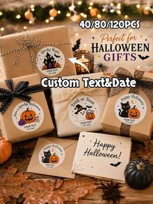 40/80/120pcs Personalized Halloween Stickers, Customized Name And Date Halloween Labels, Scary Party Gift Stickers, Pumpkin Ghost Bat Gift Labels, Halloween Trick Or Treat Bag Labels, Party Favors, Wedding, Halloween - Multicolor - View 2