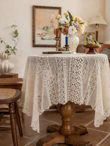1pc Lace Tablecloth, Scalloped Hem Decor, Polyester Fabric, Jacquard Floral Pattern, Rectangular Square Round Tablecloth, Suitable For Patio Garden Tea Table Dining Room Living Room Tabletop Decoration - Apricot - View 3