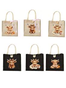 Canvas Tote Bag With Makeup Bag, Printed With Cow Pattern, Adorned With Pink Bow, Matching Makeup Bag, Shopping Bag, Foldable And Lightweight, Multi-Functional Handbag, Suitable For Commuting, Shopping, Daily Use, Party Gift, Suitable As Birthday Gift For Friends And Best Friends, Teacher's Day Gift, Back To School Gift - Multicolor - View 7