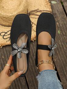 Elegant Rhinestone Floral Decor Flat Shoes, Knitted Fabric Square Toe Low-Top Commuter Women's Shoes - Black - View 3