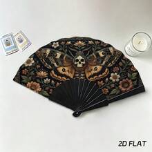 2D Flat Style, Fashionable Handheld Folding Fan, Featuring Dark Vintage Skull, Moth And Floral Pattern, Perfect For Summer Parties, Music Festivals And Bar Use. Also An Excellent Home Decor And Gift - A - View 6
