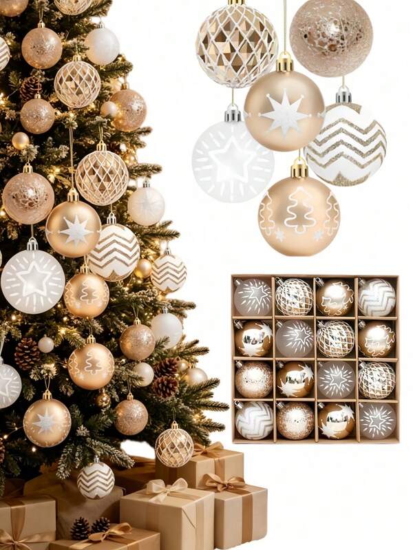 16pcs Champagne Gold & White Christmas Ball Ornaments, Christmas Tree Hanging Decor, Home Party Decoration, Christmas Shatterproof Shiny Hanging Balls Suitable For Christmas Holiday Indoor Outdoor Party Decoration