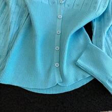 Blue Long Sleeve V-Neck Short Sweet Style Hollow Out Jacquard Knit Cardigan Women Top - Mint Blue - View 8