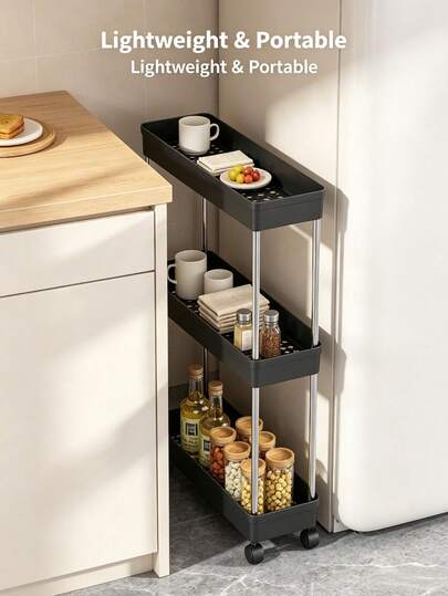 1pc 3/4 Tier Narrow Rolling Storage Cart, Bathroom Mobile Storage Rack, Multi-Functional Storage Shelf, Bathroom Gap Storage Rack, Bathroom Accessories