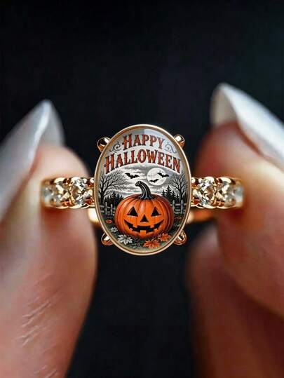 Vintage Happy Halloween Pumpkin Women's Ring, Rose Gold Zirconia Personalized Ring, Spooky Cute Trick Or Treat Holiday Jewelry Gift