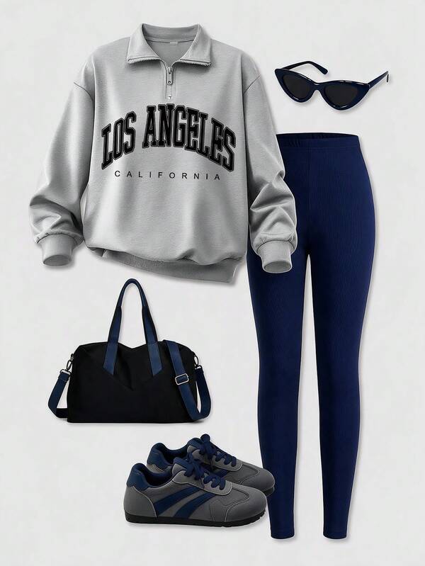 New Women's Neutral American College Style Polo Half-Zip Printed Sweatshirt & Slim Fit Leggings 2-Piece Set, Suitable For Spring, Autumn, Winter, Perfect For School, Vacation, Shopping And Sports