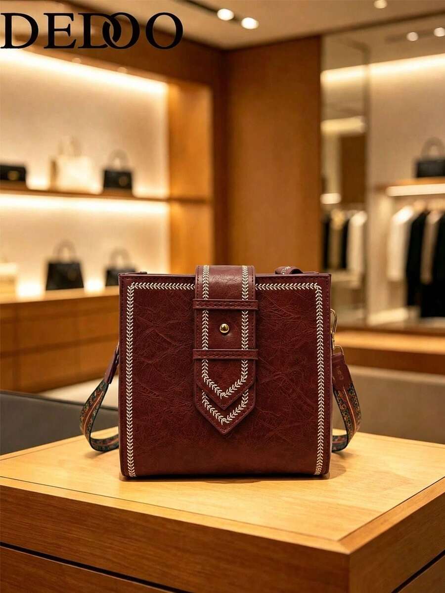 Dedoo 女款迷你復古刺繡斜挎水桶包 - 紅木色 - 查看 1