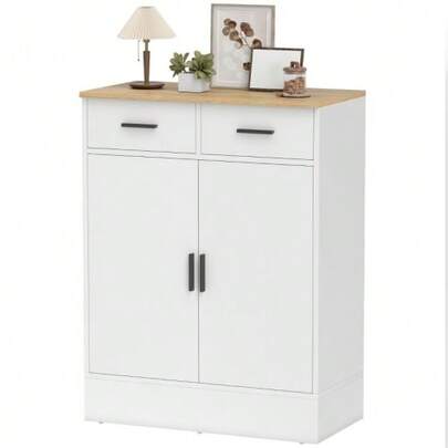 Sideboard With Storage, Chest Of Drawers With 2 Drawers, Adjustable Shelf, For Kitchen, Living Room, Hallway, Natural Wood, White