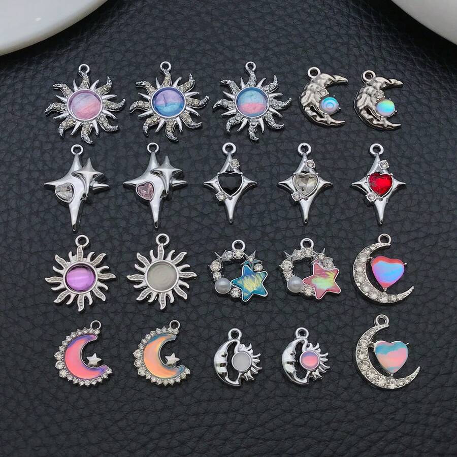 5/10/20pcs Silvery Plated Celestial Rhinestone Charms Sun Moon Star Heart Alloy Pendant For DIY Bracelet Necklace Earring Jewelry Making Findings