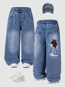 Celana Jeans Denim Lurus Bergambar Kartun Bordir untuk Balita - Biru - View 2