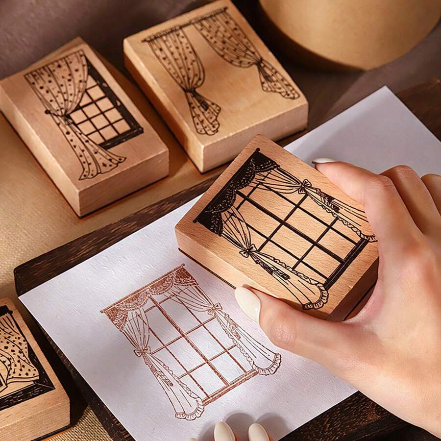 Wooden Stamp, Vintage Curtain Decorative Stamp, Suitable For Planner, Scrapbook, Diary, Photo Album DIY Crafts - Multicolor - View 1